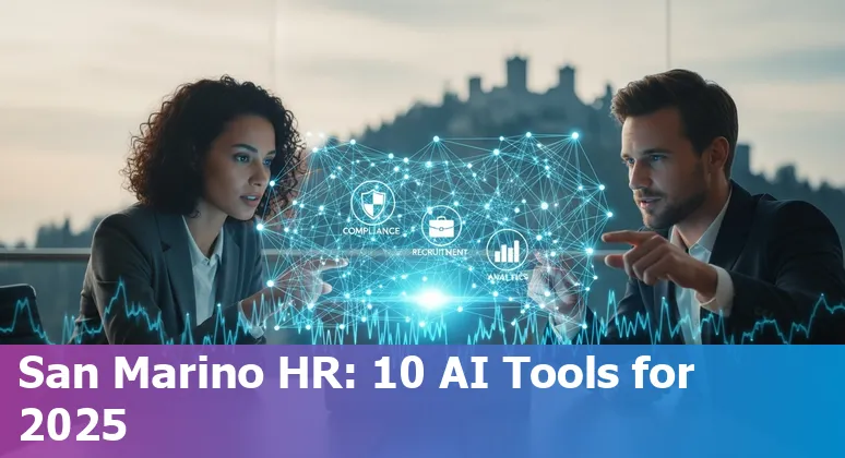 Collage of HR AI tools icons with San Marino flag and workplace symbols