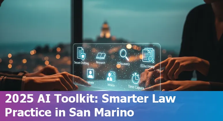 Collage of AI legal tool icons over a silhouette of the San Marino courthouse and skyline