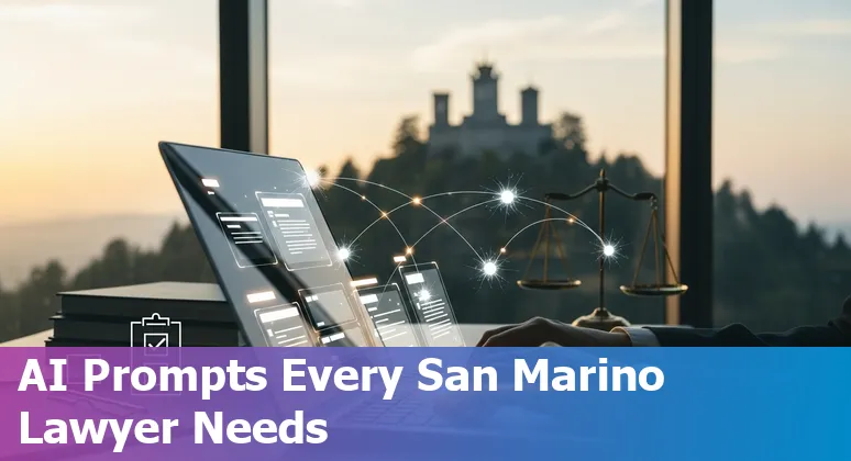 Lawyer using AI prompts on a laptop with a San Marino flag on the desk
