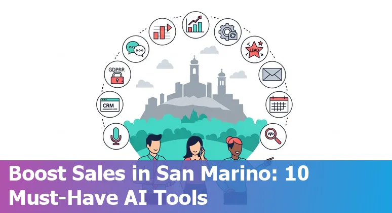 Logos of Default, Conversica, Regie.ai, Tavus, Gong, Clari, Outplay, Lavender, HubSpot Sales Hub and Copy.ai over a San Marino skyline