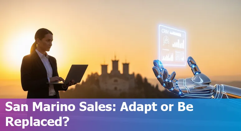Salesperson using AI tools with San Marino cityscape in the background