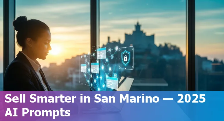 Sales professional in San Marino using AI prompts on a laptop with San Marino skyline in the background