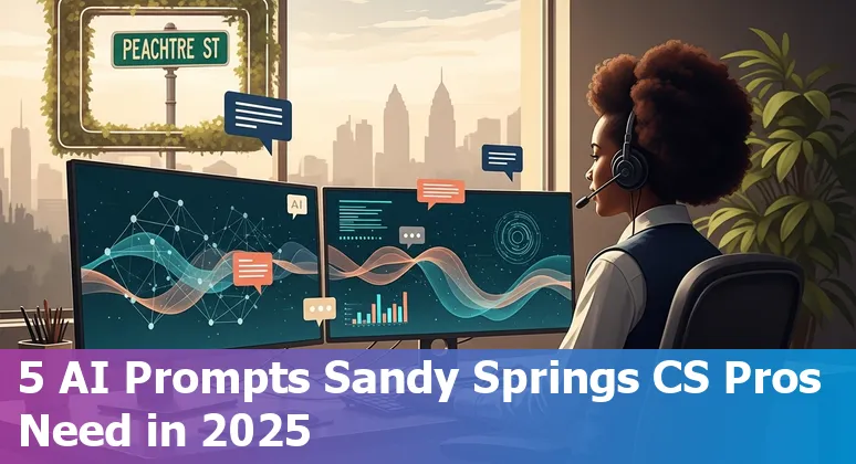 Customer service agent using AI tools to draft a response, with Sandy Springs skyline in the background.