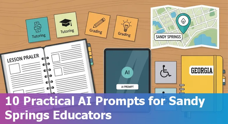 Teacher using AI prompts on a laptop with Sandy Springs school building in the background