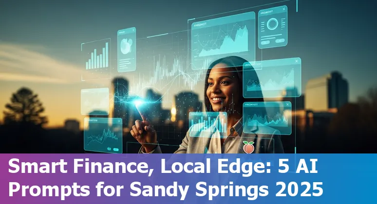 Finance professional in Sandy Springs using AI prompts on a laptop showing charts and local Atlanta skyline.