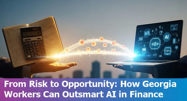 Person at laptop reviewing AI impact on financial services jobs in Sandy Springs with Sandy Springs skyline in background