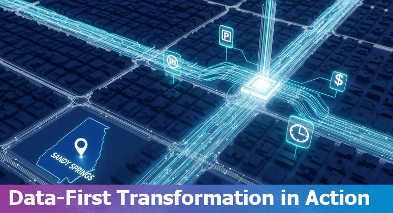 City of Sandy Springs, Georgia municipal building with AI and data icons overlay showing efficiency gains