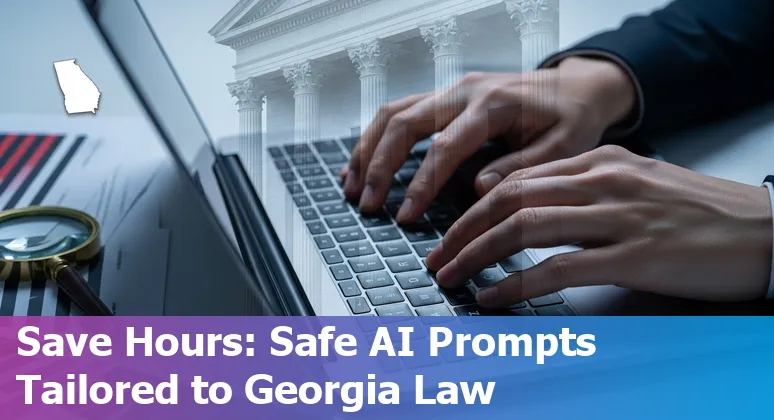 Lawyer using AI on laptop with Sandy Springs skyline and Georgia state flag in background