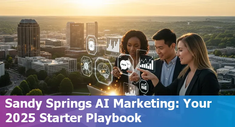 Marketing professional using AI tools with Sandy Springs, Georgia skyline in the background
