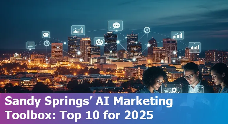 Collage of AI marketing tools logos with Sandy Springs skyline and Georgia Tech campus calendar overlay.