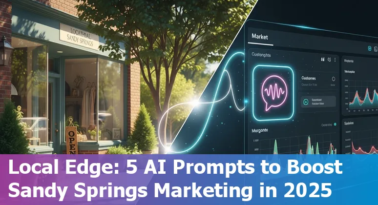 Sandy Springs marketer using AI prompts on a laptop, local map and marketing icons visible.