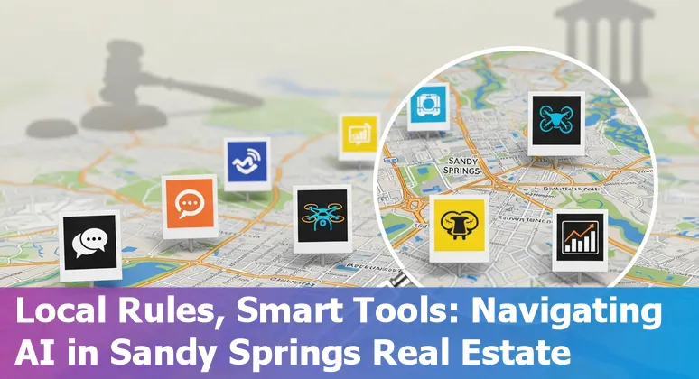 AI-driven real estate tools and Sandy Springs, Georgia skyline with digital overlays showing analytics