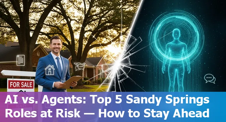 Real estate agent using a tablet with AI icons and a Sandy Springs neighborhood map in the background