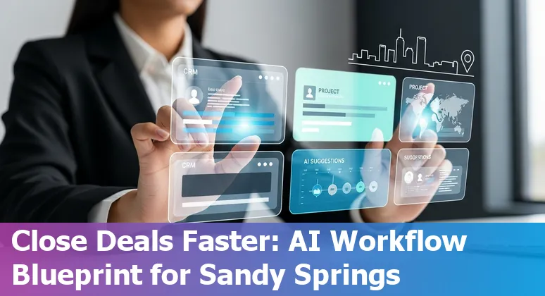 Sales professional using AI tools on a laptop with a Sandy Springs, Georgia skyline reference in the background