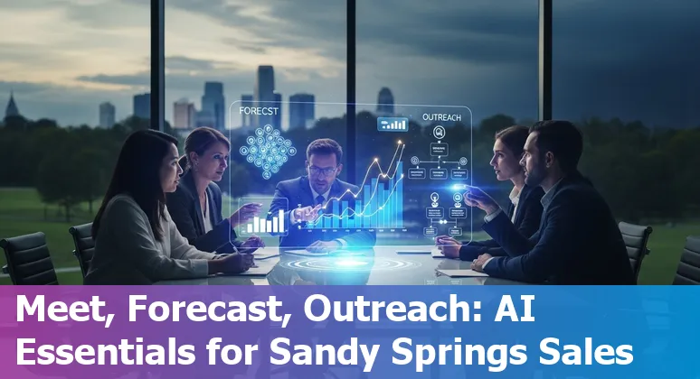 A Sandy Springs sales rep using AI tools like ChatGPT, Gong, and Clari on a laptop with Sandy Springs Performing Arts Center in the background.