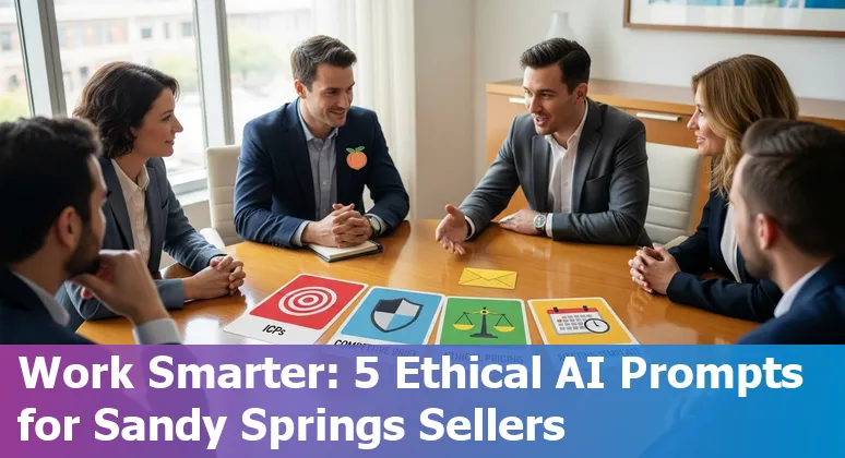 Sales professional using AI prompts on laptop with Sandy Springs skyline in background.