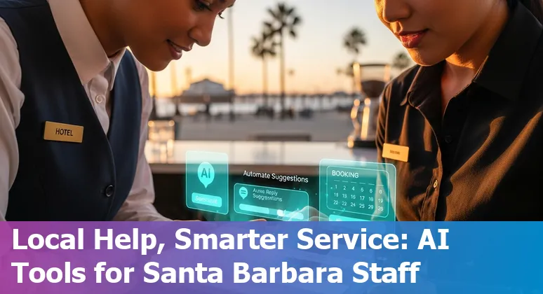 Collage of AI tool logos (ChatGPT Enterprise, Jasper, Notion, Synthesia, Fireflies.ai, Runway ML, Eightfold, Hugging Face, Midjourney, UiPath) over a Santa Barbara coastline background.