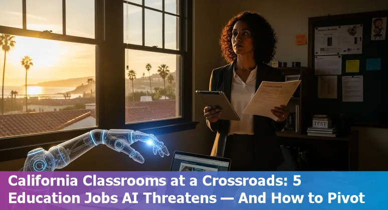Santa Barbara educators discussing AI impact on campus jobs with icons for admissions, grading, tutoring, instructional design, and library services.