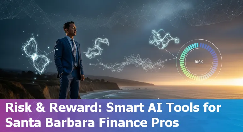 Finance professional using AI tools in an office with a Santa Barbara, California, US skyline visible outside the window.