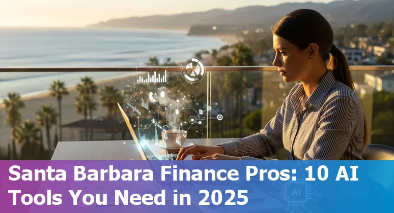 Finance professional in Santa Barbara reviewing AI tool dashboards with coastal city skyline in background