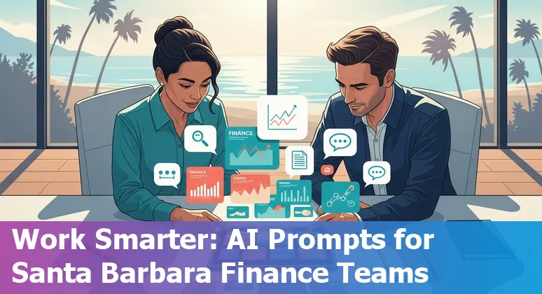 Finance professional in Santa Barbara using AI tools on a laptop with coastal cityscape in background