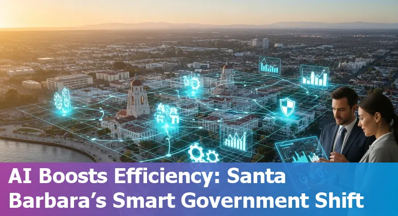 Santa Barbara, California city hall with AI icons representing government efficiency and cost savings
