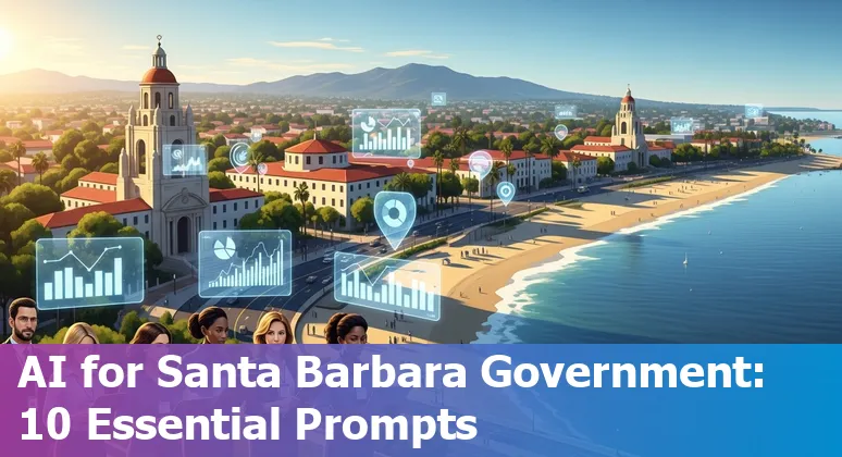 Santa Barbara city hall with icons for AI prompts: drafts, maps, charts, transcripts, and risk checklist