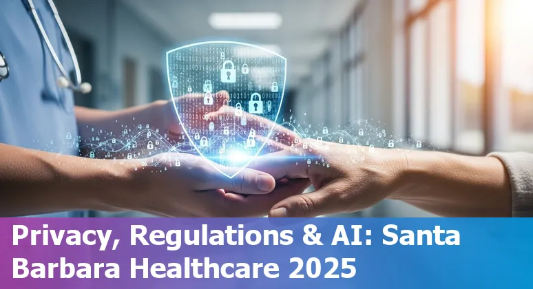 Healthcare AI in Santa Barbara, California 2025: clinicians reviewing AI-driven diagnostics on a tablet in a Santa Barbara clinic