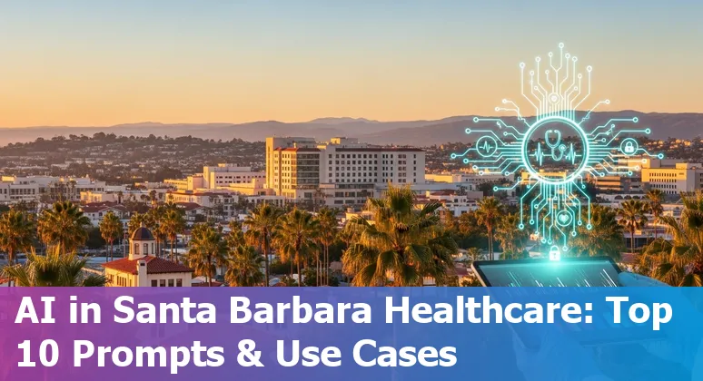 Santa Barbara healthcare professionals using AI tools on tablets with a view of the coastline and UCSB campus.