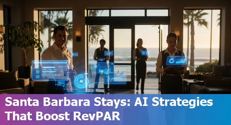 Hotel lobby concierge using AI tablet, Santa Barbara, CA skyline visible — AI in hospitality 2025 image alt text
