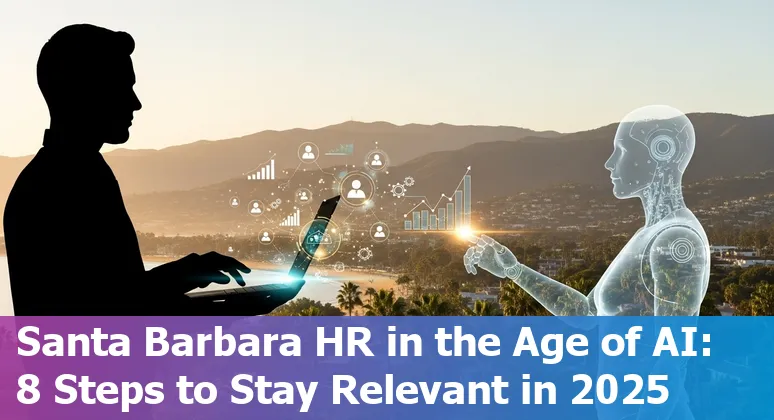 HR professional using AI tools in Santa Barbara, California office with coastal skyline in background