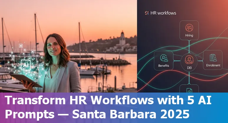Santa Barbara HR professional using AI prompts on a laptop with coastal city skyline in background.