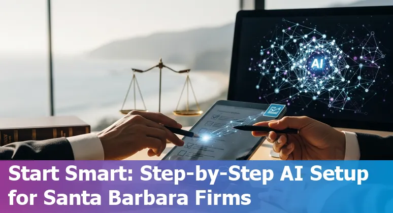 Santa Barbara, CA lawyer using AI-assisted legal research on a laptop with Santa Barbara coastline visible in background