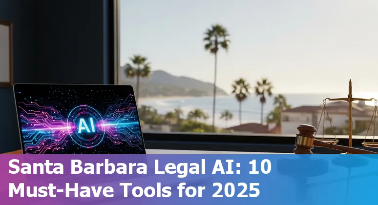 Lawyer using AI legal tools on a laptop with Santa Barbara coastal skyline in background