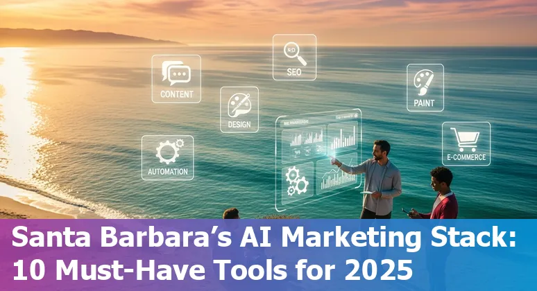 Santa Barbara marketer using AI tools on laptop overlooking the ocean; icons for Claude, ChatGPT, Perplexity, Canva, Zapier.