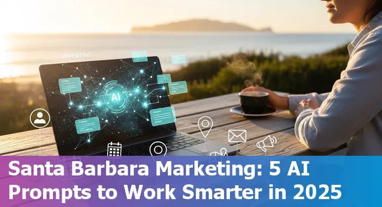 Marketer using AI prompts on laptop with Santa Barbara beach and Funk Zone in background