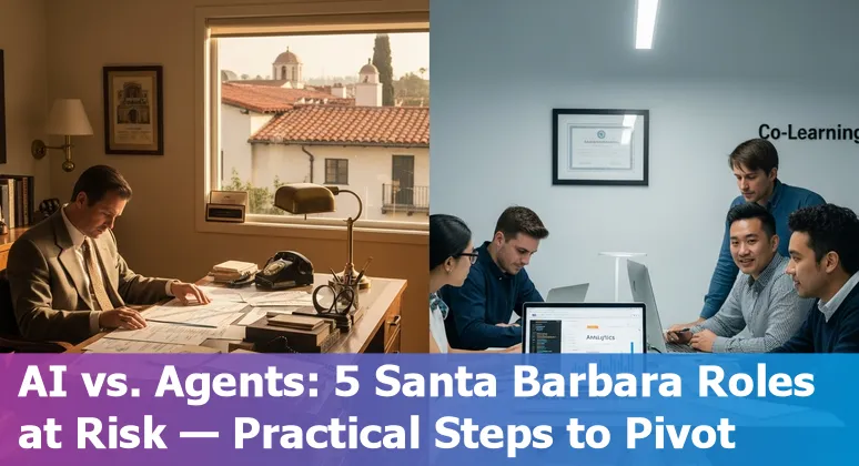 Santa Barbara coastline with homes and a real estate agent using a tablet showing AI icons