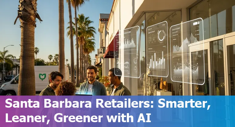 Retail workers and AI-powered dashboard showing returns and forecasts for Santa Barbara, California, US