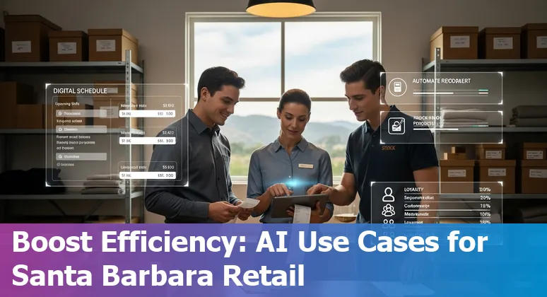 Santa Barbara State Street retail storefront with AI icons overlay showing personalization, AR try-on, and inventory alerts