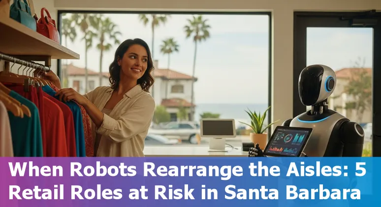 Retail worker using tablet in Santa Barbara store with AI icons and self-checkout in background