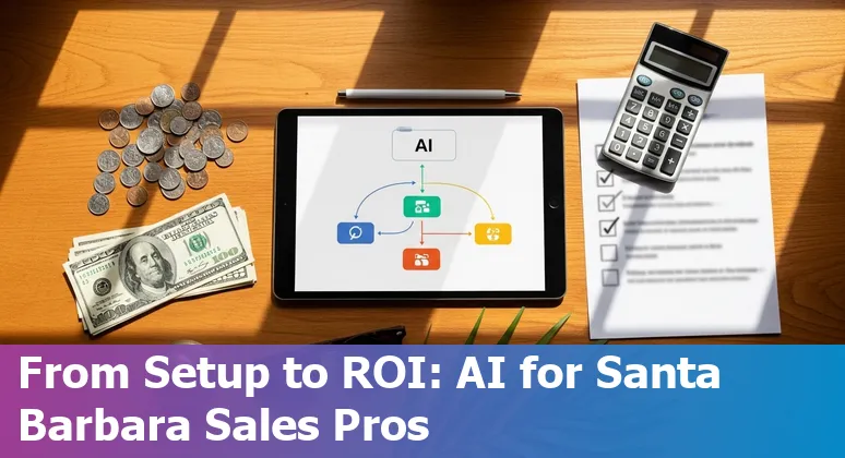 Sales professional using AI tools on a laptop with a Santa Barbara, California skyline visible in 2025 image.