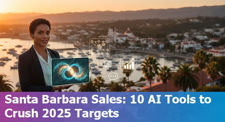 Santa Barbara sales team using AI tools on laptop with coastal skyline in background