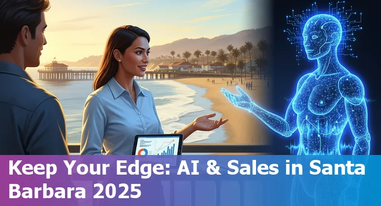 Sales rep using AI tools in Santa Barbara, California — Santa Barbara skyline and coastline in background