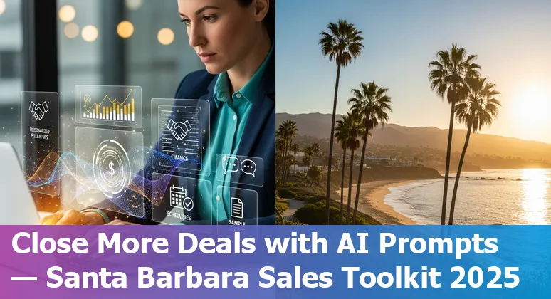 Sales professional using AI prompts on a laptop with Santa Barbara skyline and Lexus dealership in background