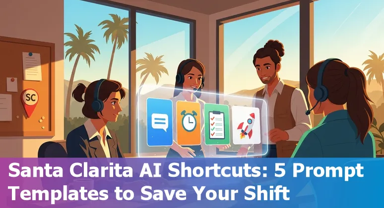 Customer service agent using AI prompts on a laptop in Santa Clarita office, with Cursor AI and prompt templates on screen.