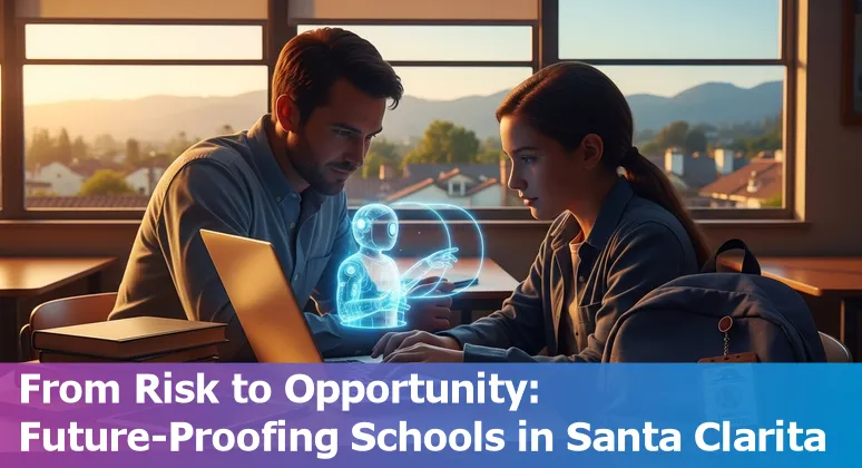 Teacher using AI tool in a Santa Clarita classroom while administrators review policies on a laptop