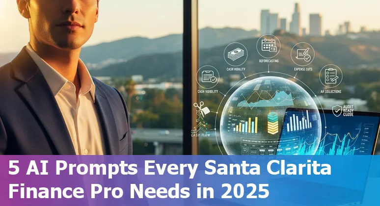 Finance professional in Santa Clarita using AI prompts on a laptop showing cash positions and forecasts