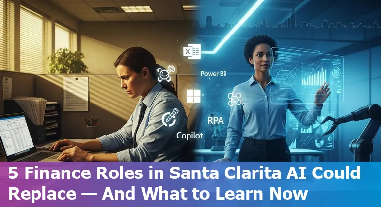 Santa Clarita finance professionals adapting to AI with laptops, charts, and Power BI dashboards at a local office.