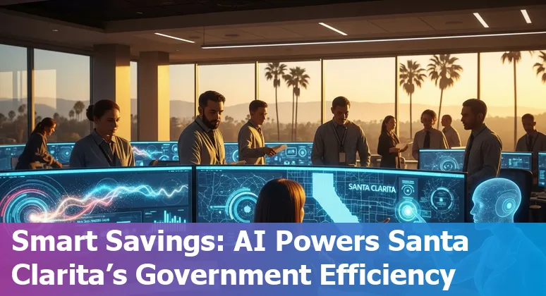 Santa Clarita, California city hall with AI icons overlay showing cost savings and efficiency for government companies in California