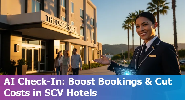 Santa Clarita California hotel lobby with AI concierge screen and smart room controls in 2025